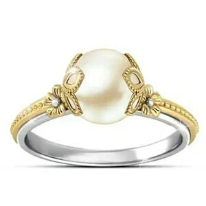 New 18k Yellow Gold 925 Silver Cultured Pearl Ring